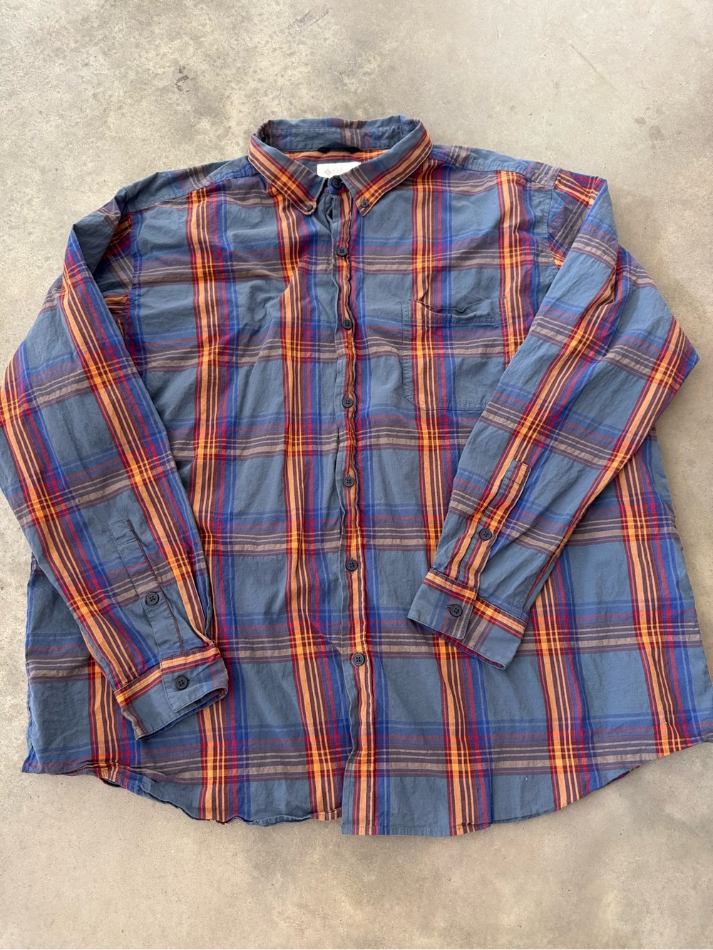 Men's Blue Plaid Button-Down Shirt with Orange Accent